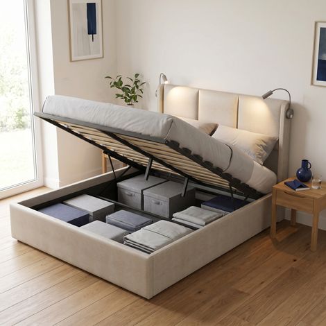 Stauraumbett Doppelbett 160x200 cm mit 2 Leselampen und USB, hydraulisch hochklappbarem Lattenrost, Leinenstoff Beige