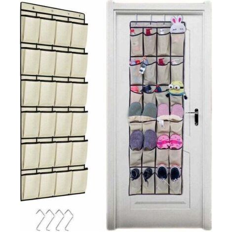 Beige Rangement de Chaussures Suspendu 24 Poches sur la Porte Stockage de Chaussures Gain de Place Armoire à Chaussures avec 4 Crochets (1/4)
