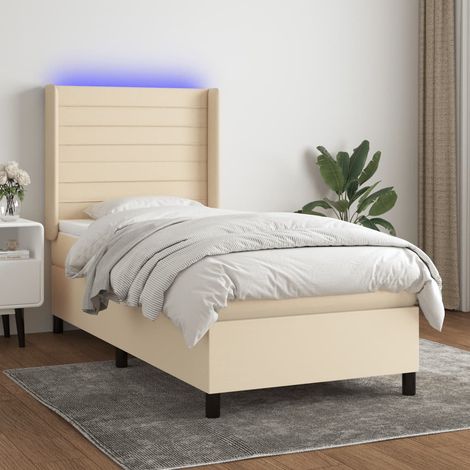 Cama box spring colchón y luces LED tela crema 100x200 cm