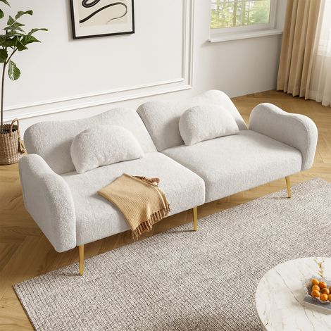 Canapé convertible moderne 2 places 175x79x82 cm, dossier ajustable, pieds dorés en métal, lit intégré pour salon, mousse et bois, Blanc (1/5)