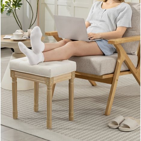 Tabouret rembourré en tissu aspect lin avec pieds en bois 42 x 32 x 46,5 cm beige DESVIAE (1/5)