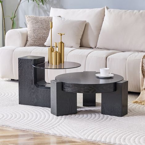 Lot de 2 tables basses gigognes rondes - Ø61cm et Ø44cm - Plateau verre trempé gris 6mm et effet bois noir avec pieds en L - Noir (1/5)