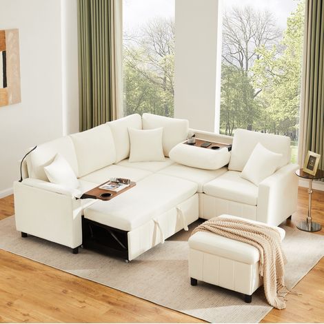 Canapé d'angle convertible USB/Type-C, liseuse, pouf rangement beige 205 x 205 cm OKMYHOME (1/5)
