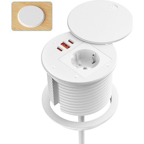 Prise Encastrable, Multiprise Encastrable Plan de Travail 2 USB‑C PD avec Couvercle, 1 USB‑A QC, 1 Prise AC, Bloc Prise Table pour Bureau, Cuisine, Meuble, Câble, Ø80 mm, Blanc (1/3)