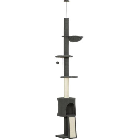 Albero per Gatti a Soffitto Alto 220-240 cm con Amaca Casetta Piattaforme a Fiore e Pali in Sisal Grigio