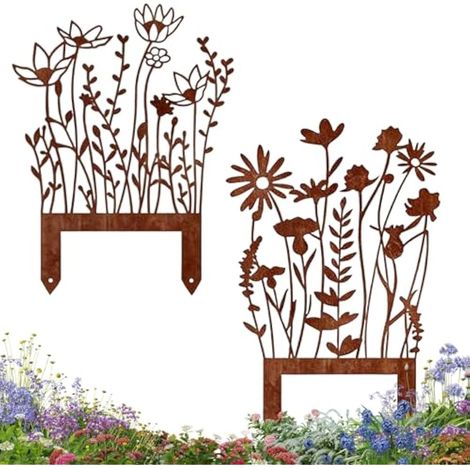 Décoration Jardin en Fer Rouillé – 2 Piquets Fleurs Métalliques Décoratifs pour Terrasse, Balcon et Extérieur