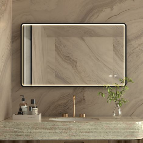 Miroir-Salle-de-Bain-avec-Eclairage 80×60cm,Anti-buée,3000K-6500K,Dimmable,Mémoire,Verre antidéflagrant HD,IP44,cadre noir,Miroir lumineux de salle de bain (1/5)
