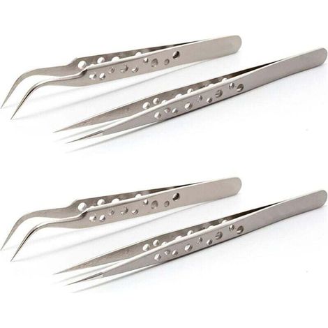 4pcs Pince de precision,Pince à Epiler de Précision,Pince brucelle 2 droites 2 courbes,Pince electronique,Pincettes de précision,Antistatiques,Acier Inoxydable,pour Réparation,DIY (1/4)
