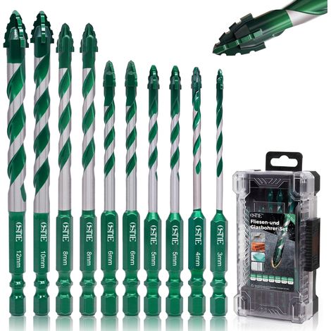 Lot de 10 forets excentriques à dents de scie à quatre tranchants avec cobalt, foret à pierre 3-12 mm, tige hexagonale de 6,3 mm, foret en carbure pour céramique, carrelage, métal, béton, verre vert (1/5)
