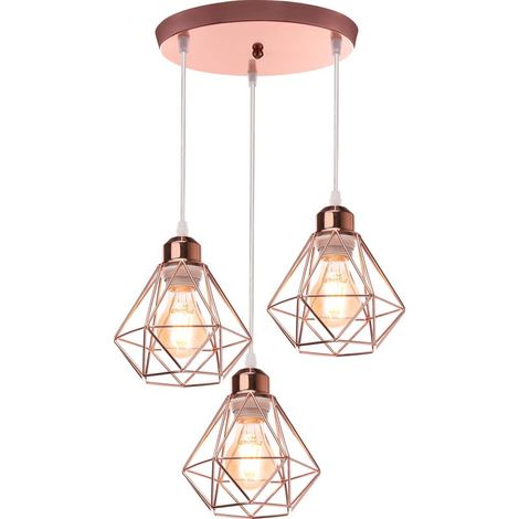 – Suspension luminaire industrielle 16cm – Cage diamant 3 lumières – Métal doré rose – Câble ajustable 100cm – Pour salons et cafés (1/5)