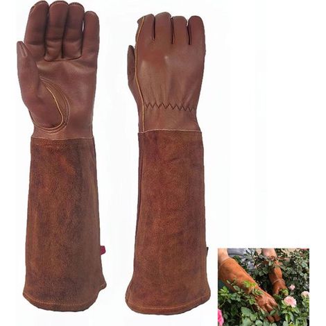 1 par guantes jardinería, Guantes jardinería cuero resistentes pinchazos, Guantes resistentes cortes, Guantes jardinería unisex piel vaca, Marrón (1/5)