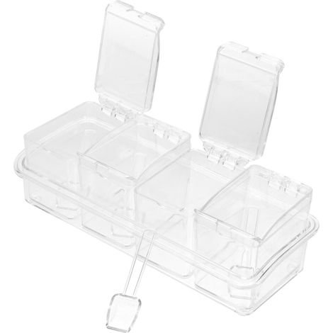 Especiero de plástico transparente con cuatro compartimentos y cuchara.