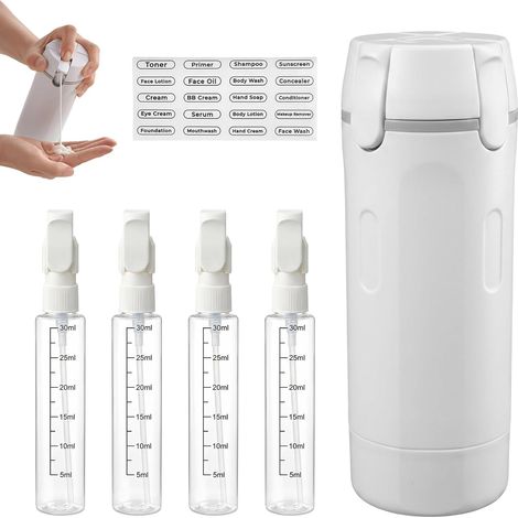 Flacon distributeur Voyage 4 en 1 avec échelle étiquette pour shampooing Lotion après-shampoing crème Blanc (1/5)