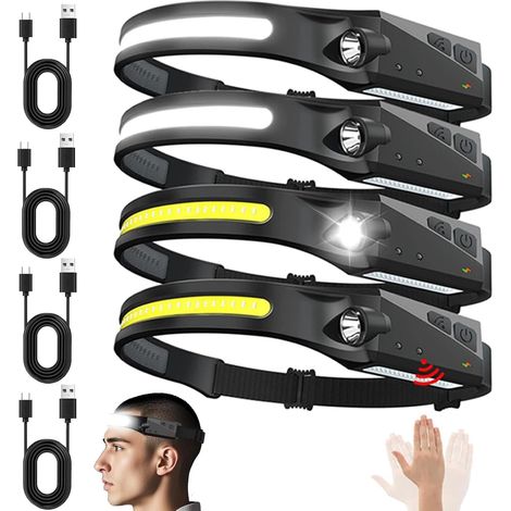 Lot de 4 lampes frontales rechargeables avec détecteur de mouvement - Faisceau large 230°, 5 modes, USB-C, étanches, idéales pour le camping (1/5)