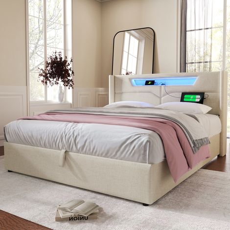 Bett mit Stauraum Leinen Beige 140x200 cm, LED-Beleuchtung, USB- und Type-C-Anschluss, inklusive Lattenrost (1/5)