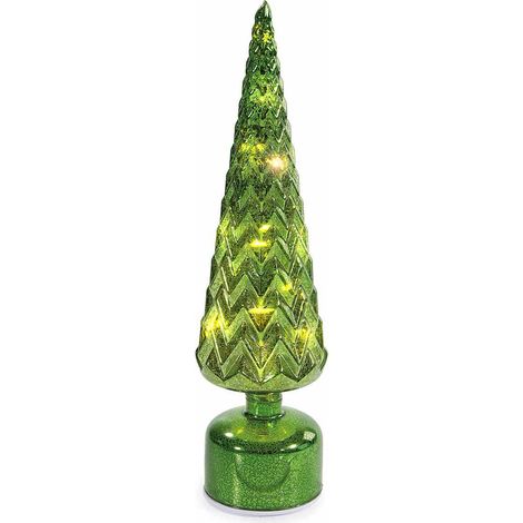Lampade ad albero di Natale girevole verde in vetro decorato con luci LED e movimento, set da 2 pezzi, Ø 10 cm x 37,5 H