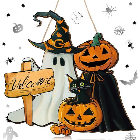 Panneau d’Accueil Halloween en Bois Rustique avec Squelette et Citrouille – Décoration Extérieure Suspendue pour Porte ou Jardin (1/4)