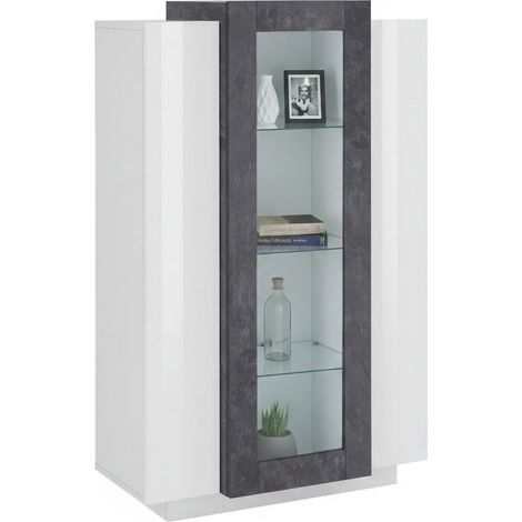 Dmora Vetrina moderna con anta a vetro, Made in Italy, con luce LED bianca, Credenza con ripiani, Vetrinetta da soggiorno, cm 80x38h121, colore Bianco lucido e Grigio Cenere, con imballo rinforzato