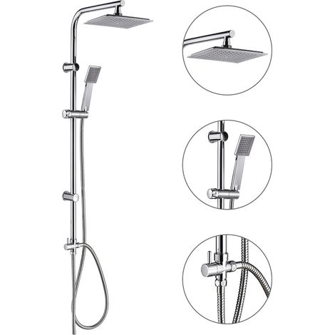 Colonna doccia universale multifunzionale, quadrata, in acciaio inox, soffione a pioggia 22,5x22,5 cm.