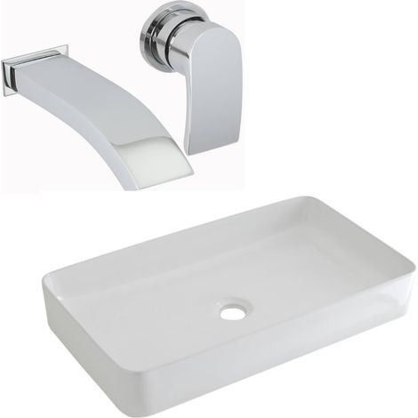 Milano Rivington 600mm x 340mm White Ceramic Rectangular Countertop Bathroom Basin Sink - With Wall-Mounted Tap