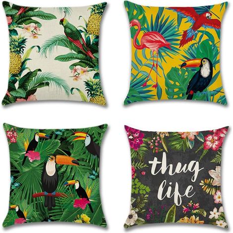 Juego de 4 fundas de cojín de 45 x 45 cm, confeccionadas en algodón y lino, fundas decorativas ideales para coches, sofás y decoración de interiores (estampado de flamencos y plantas tropicales). (1/5)