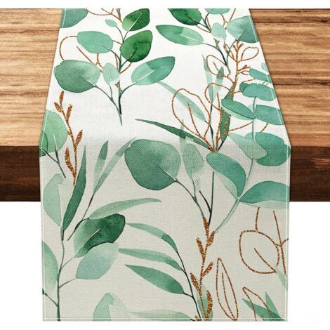 Chemin de table motif feuilles vertes printemps été décoration de table rustique rustique chemin de table pour table de cuisine bohème table à manger 33 x 183 cm