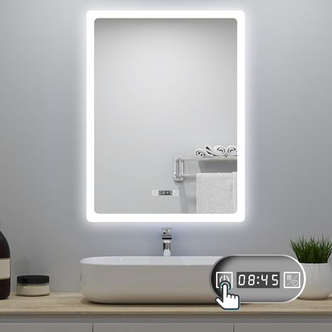 LED Badezimmer Spiegel 60x80cm mit Uhr 3 Lichtfarbe Dimmbar Beschlagfrei Speicherfunktion Vertikale Installation (1/5)