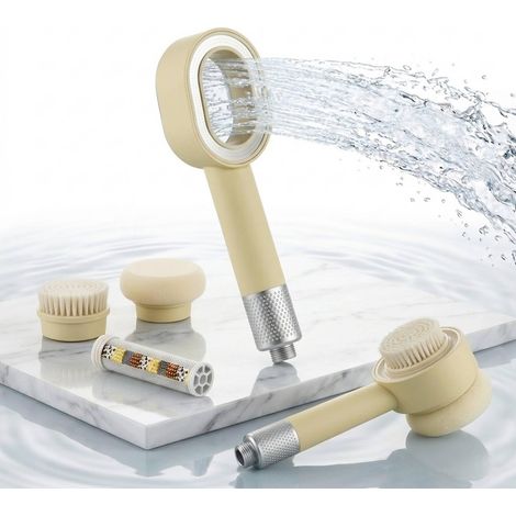Pommeau de Douche avec Filtre, Douchette Haute Pression 3 en 1, 2 Brosses Magnétiques et Cartouche Filtrante Charbon Actif pour Salle de Bain (Beige) (1/5)
