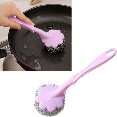 [Brosse de nettoyage] - Brosse à boules de fil métallique avec manche long - Puissant nettoyage des ustensiles de cuisine - PP - 70g - 6x20cm (1/5)