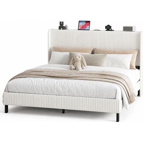 Cadre de lit 180x200 en tissu côtelé avec tête de lit capitonnée, lattes métal silencieuses, structure plateforme stable pour chambre élégante – CHICFURN (1/5)