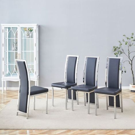 Lot de chaises 4 pièces cuir pu noir style minimaliste européen bordure argentée cadre métal brillant argenté usage polyvalent (1/5)