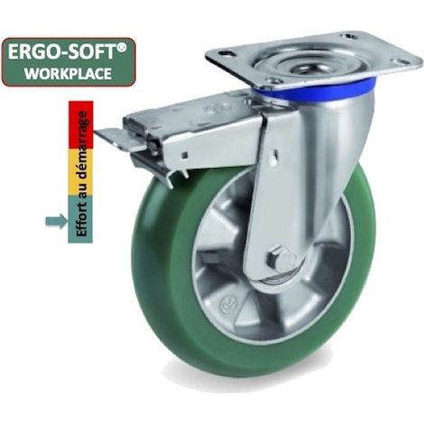 Roulette pivotante à frein diamètre 160 mm roue polyuréthane vert ERGO-SOFT®- 500 Kg