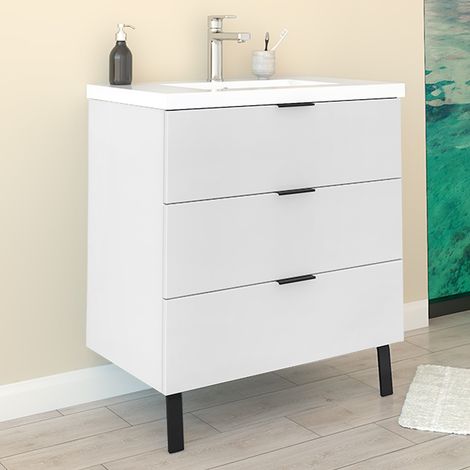 Meuble de Salle de Bain 80cm avec 3 tiroirs + 2 Pieds, Meuble simple vasque, Blanc