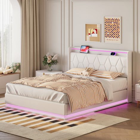Lit coffre 160 x 200 avec sommier,lit 2 personnes avec LED et USB, lit double rembourré avec rangement,lit 160x200 avec sommier à lattes en bois,lit pour adulte et ado en velours blanc (1/5)