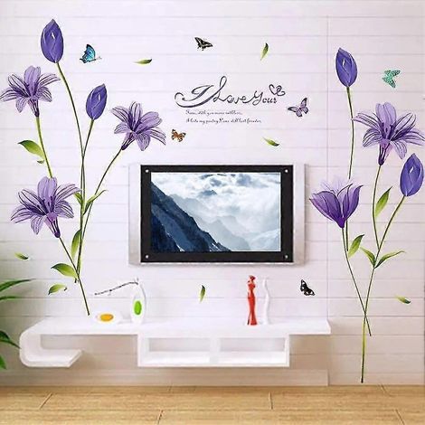 Stickers muraux Fleurs de Lys violets - 160 x 85 cm Motif floral : lys, papillon, branche, arbre Sticker mural autocollant pour salon ou chambre d'enfant
