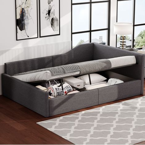 MEUBLIV Lit 140x200 cm gris – avec rangement sous le lit et dossier, sans matelas (1/5)