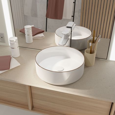 Lavabo da appoggiare rotondo in ceramica bianca con bordino Oro Rosa - Diametro 36cm - Altezza 12cm