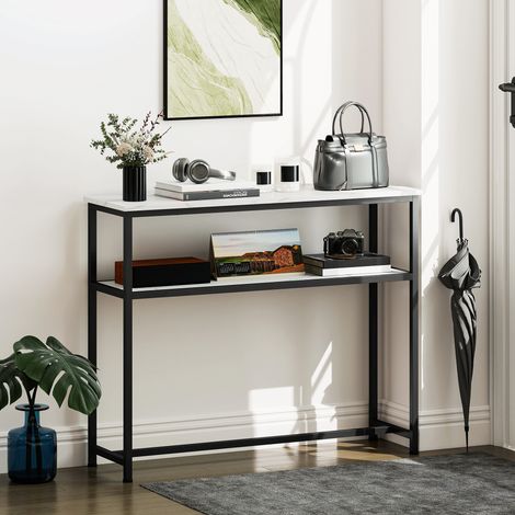 Console de couloir étroite 100x30x81 cm blanc avec surface effet marbre, étagère ouverte et cadre métallique
