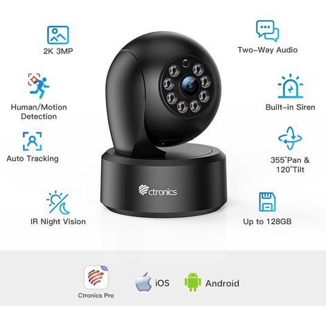 Ctronics Indoor WiFi Überwachungskamera 2K 3MP,IP-Kamera mit App 360°PTZ ,mit Personen-/Bewegungserkennung, Auto-Tracking, IR Nachtsicht 20M, 2-Wege-Audio für Babys/Haustiere (1/5)