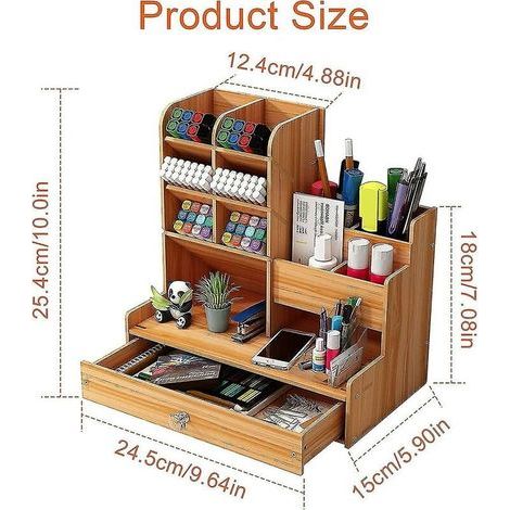 Organiseur de bureau en bois avec porte-stylo de bureau, grande capacité, boîte de rangement de papeterie avec tiroir pour la maison, le bureau et l'école (couleur cerise B17) (1/4)