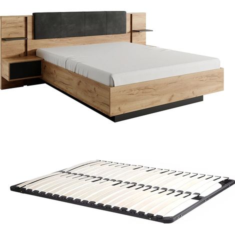 Vente-Unique – Lit coffre 140 x 190 cm avec 2 tiroirs – Éclairage LED blanc – Coloris naturel et anthracite – Sommier à lattes inclus (1/5)