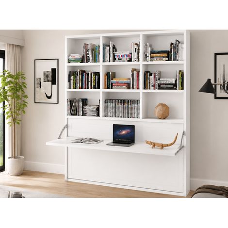 Le lit escamotable horizontal avec bureau et bibliothèque intégrés SPACIO - Ouverture automatique assistée Vison Sans matelas-80x190-Cadre Vison-Façade Blanche (1/5)