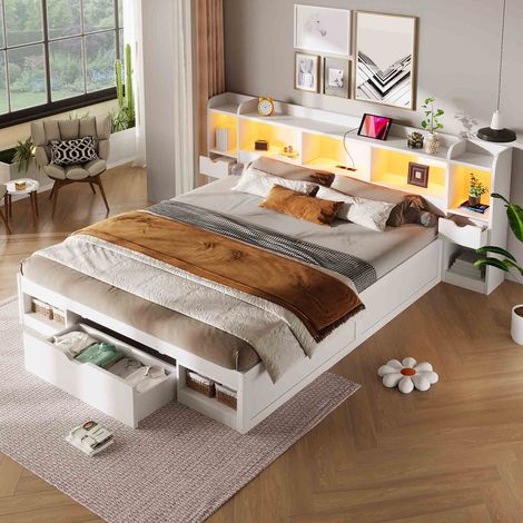 Lit coffre 180x200 cm avec rangement tête et pied de lit, 3 tiroirs, étagères, LED, USB, lit plateforme en MDF et contreplaqué - Blanc (1/5)