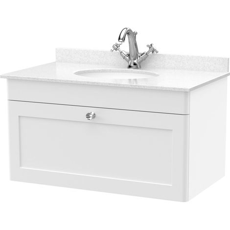 Swynnerton Traditional 1 Drawer Wall Hung Vanity Unit with Marble Basin, Satin White, 800mm