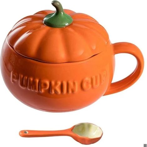 Mug en céramique en forme de citrouille avec couvercle et cuillère, parfait pour le café/thé d'automne.