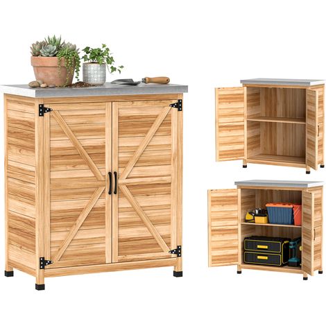Outsunny armario de exterior de madera, caseta de jardín exterior con techo de acero galvanizado, estante, 2 puertas para almacenamiento herramientas