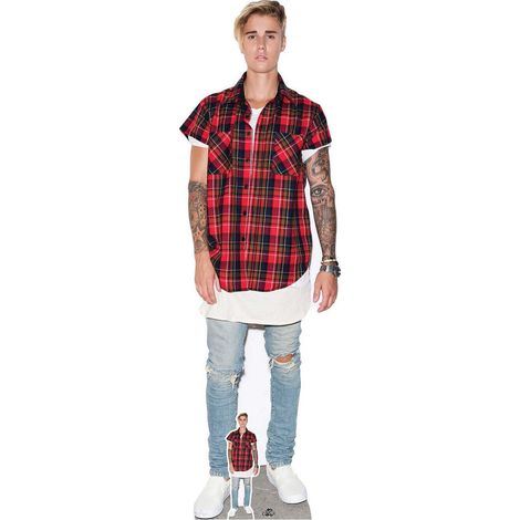 Figurine en carton Justin Bieber Chemise à carreaux rouge et noire et Jean troué 172 cm