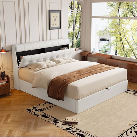 Cama tapizada moderna 140x200 cm en PU blanco con cabecero con almacenaje, arcón hidráulico y somier de láminas (1/5)