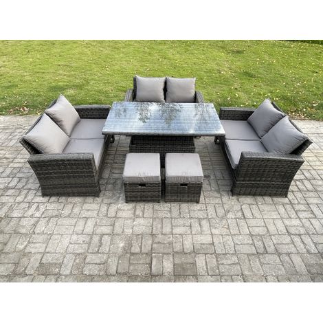 Fimous Polyrattan Gartenmöbel Set Einstellbare Höhe Esstisch Sofa Set mit Doppelsitz-Sofa 2 Kleiner Fußhocker Dunkelgrau Gemischt (1/5)