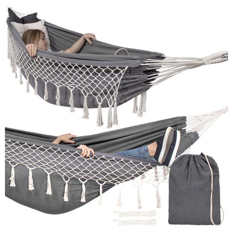 Hamac de dos plazas con franjas oscilante para jardín de 200x150cm, capacidad de 200kg, color gris crema. (1/5)